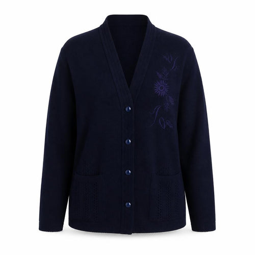 Hand to Hand  Womens Blue V-Neck Floral Acrylic Cardigan Jumper Size M