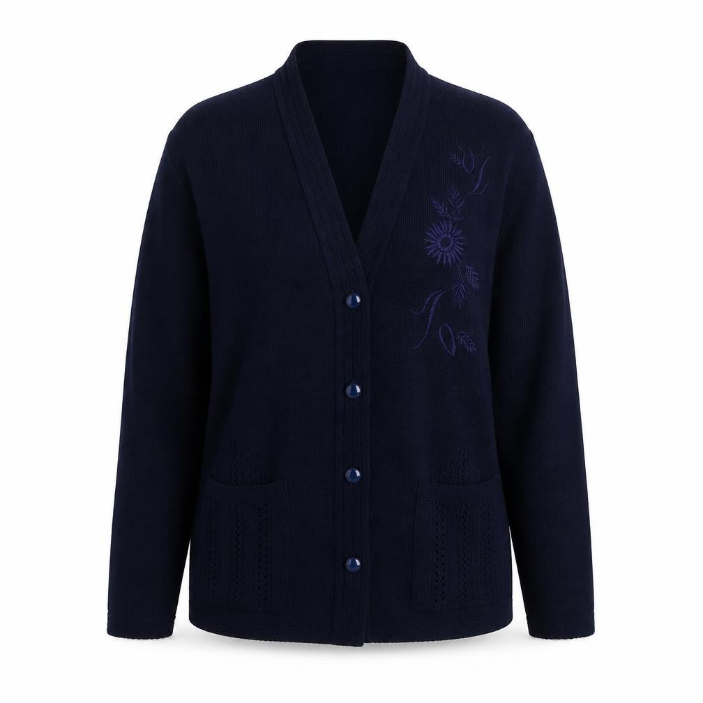 Hand to Hand  Womens Blue V-Neck Floral Acrylic Cardigan Jumper Size M