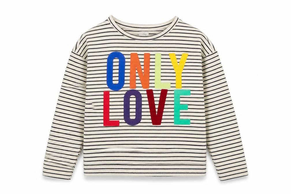 Front view of River Island girls’ white striped cotton pullover sweatshirt, size 11-12, years pullover - only love