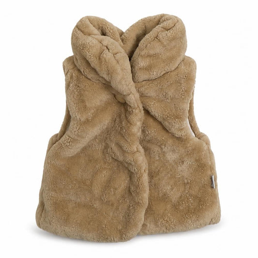 Front view of Fruit de ma passion girls’ beige animal print gilet jacket, size 18, months button