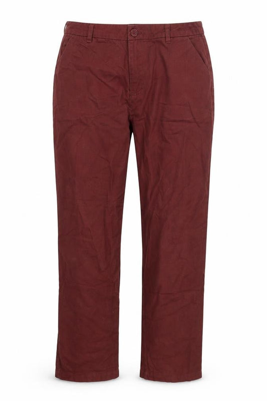 Front view of ASOS women’s red cotton trousers, size UK 10, 27-inch leg regular button