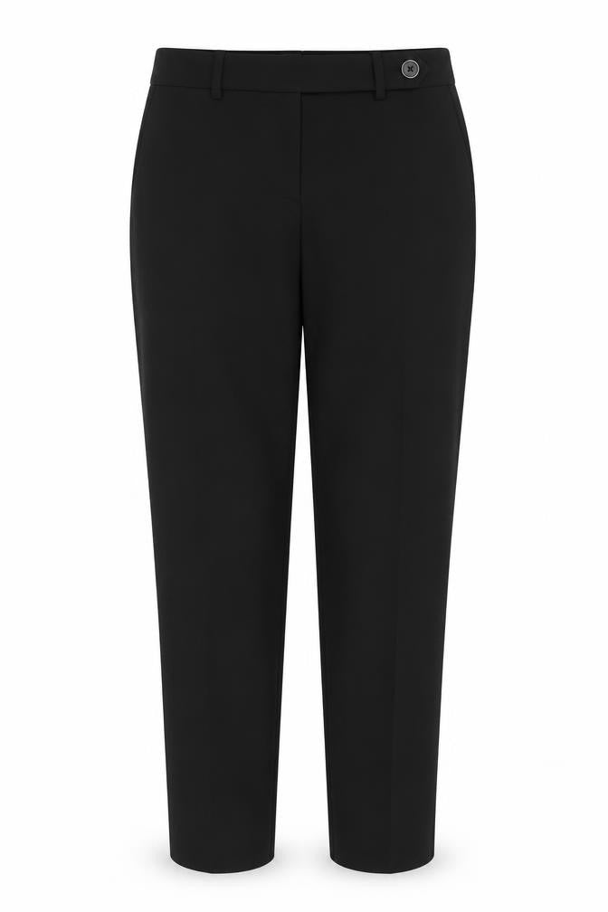 Front view of Next women’s black polyester trousers, size UK 10, 26-inch leg regular button