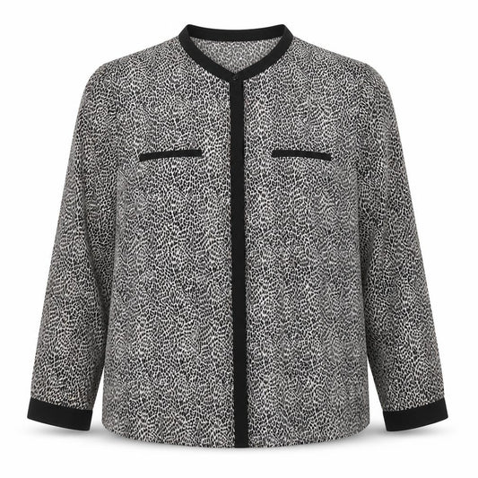 Front view of Dunnes women’s black animal print polyester basic button-up, size UK 16, collared