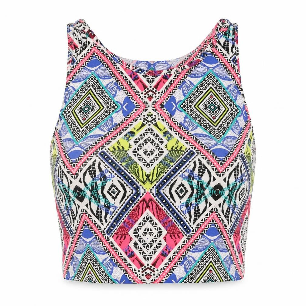 New Look Womens Multicoloured Geometric Cotton Cropped Tank Size 10 Round Neck