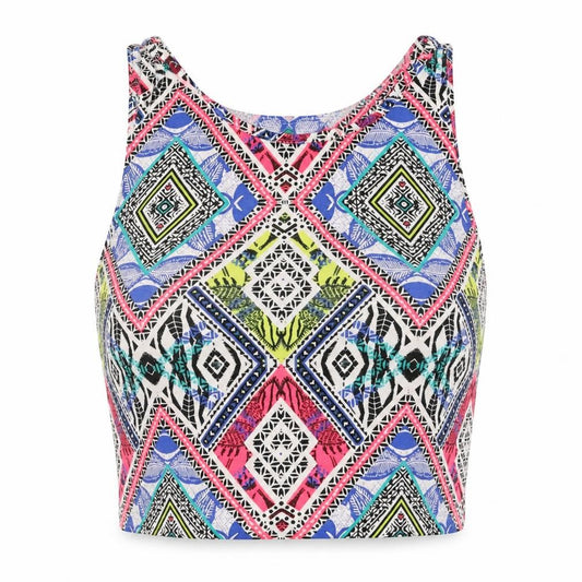 Front view of New Look women’s multicoloured geometric cotton cropped tank, size UK 10, round neck