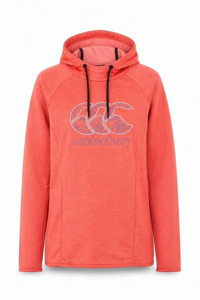 Front view of Canterbury women’s orange polyester pullover hoodie, size UK 10, pullover - activewear
