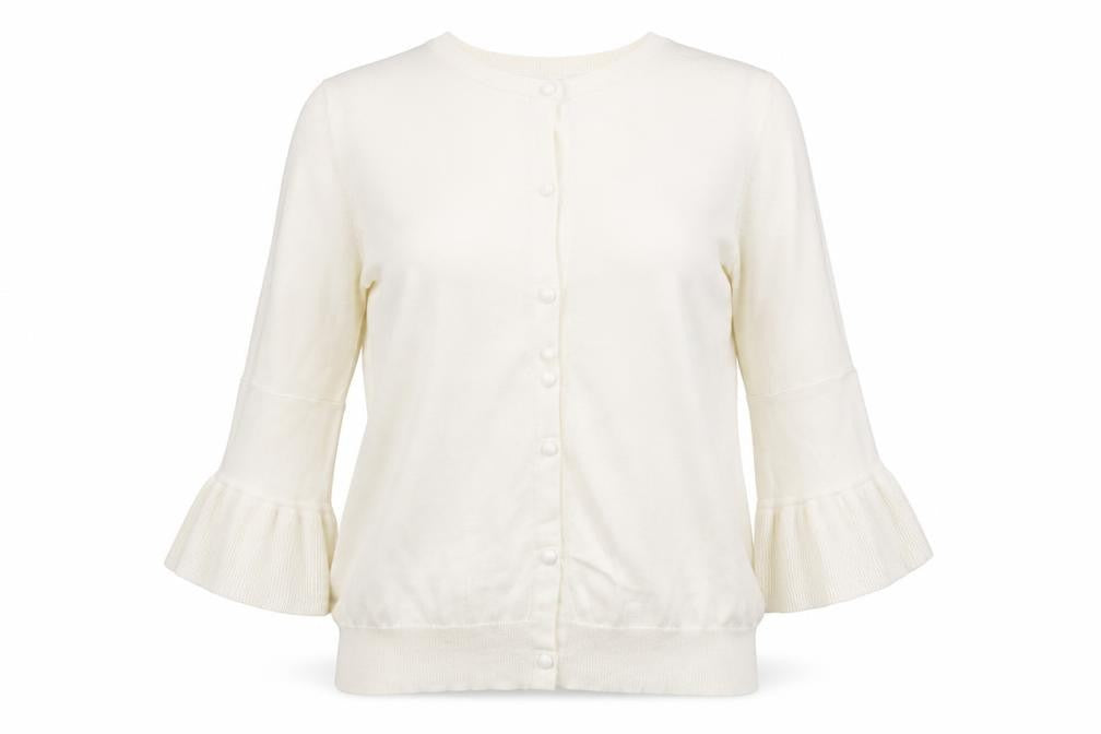 Front view of Next women’s ivory crew neck polyester cardigan jumper, size UK 10