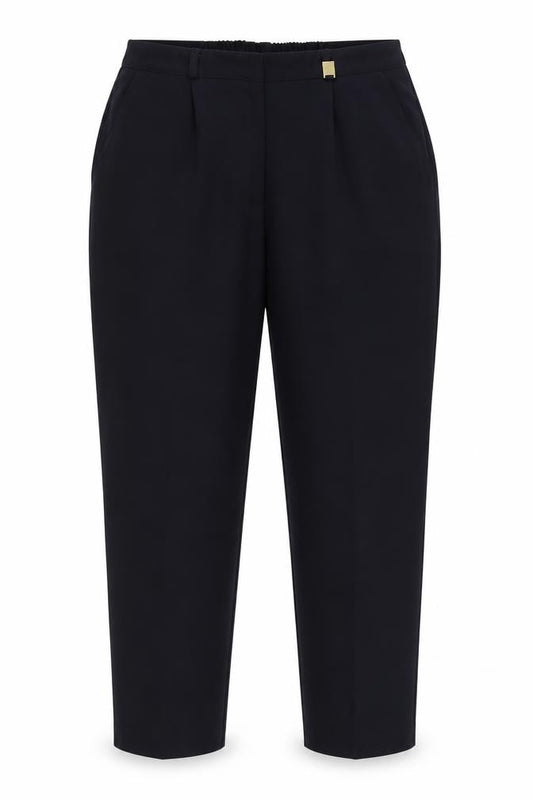 Front view of Cloassic women’s blue polyester trousers, size UK 16, 23-inch leg regular