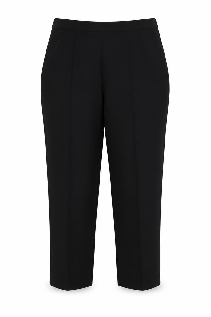 Front view of Isle Essentials women’s black polyester trousers, size UK 16, 25-inch leg regular