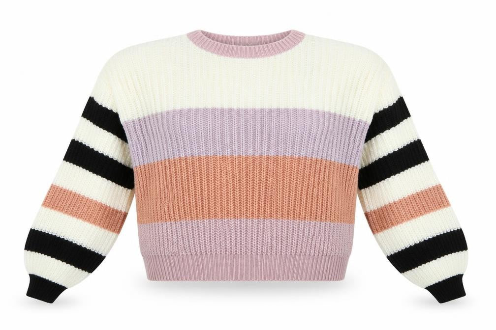 Front view of Missguided women’s multicoloured crew neck striped acrylic jumper, size UK 8