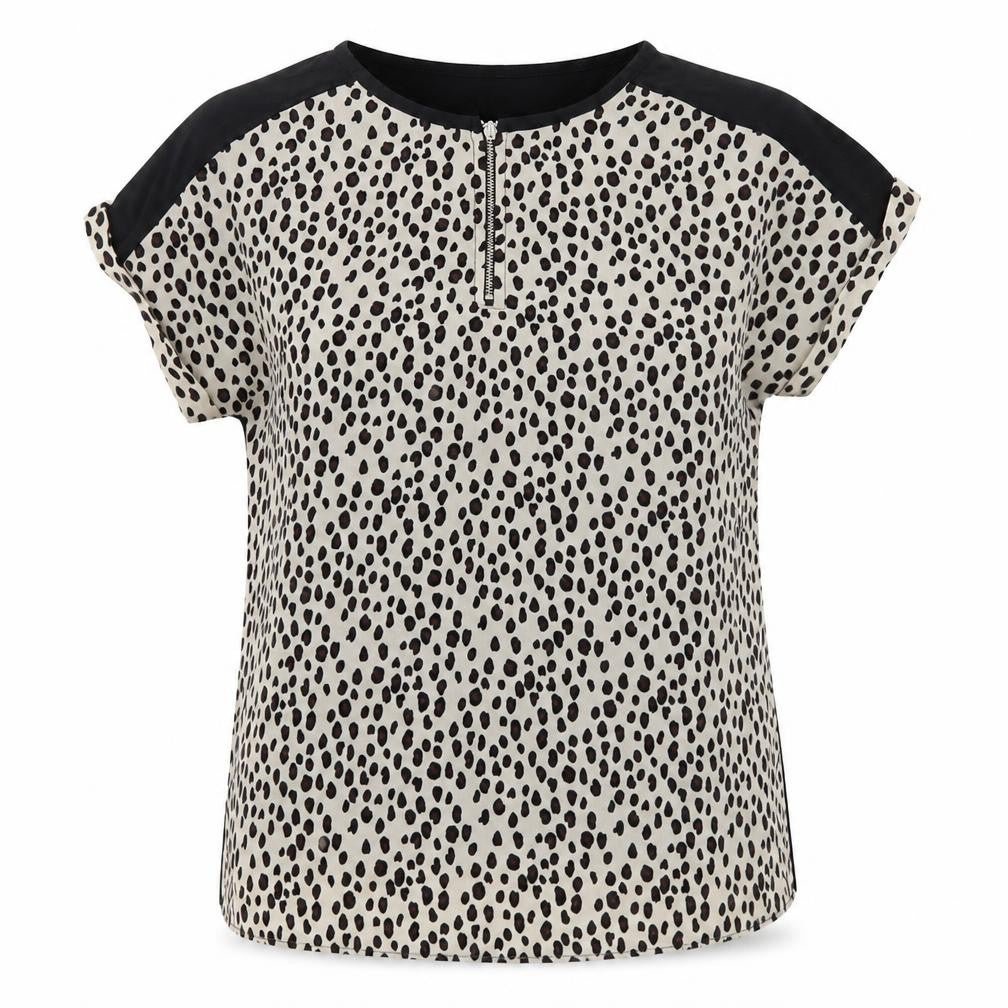 Front view of Tu women’s beige animal print viscose basic blouse, size UK 12, crew neck