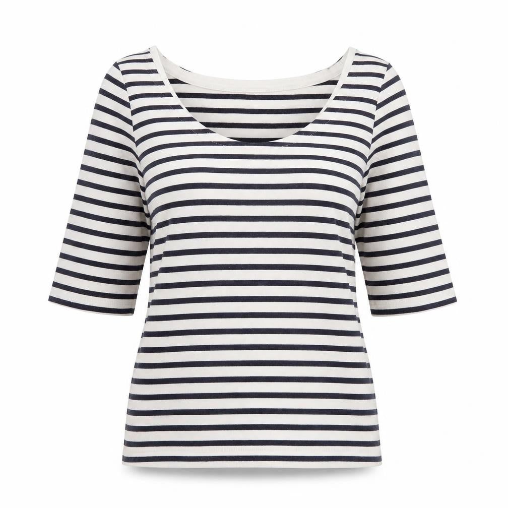 Front view of EAC women’s white scoop neck striped polyester jumper, size S