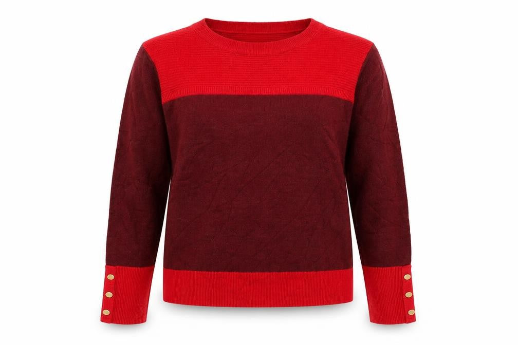 Front view of Marks & Spencer women’s red round neck acrylic jumper, size UK 14