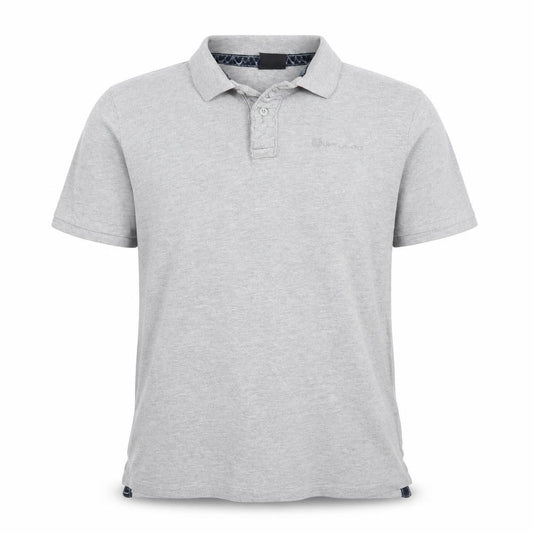 Front view of Defused men’s grey polyester polo, size L, collared button - defused logo