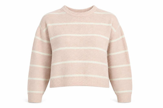 Front view of Divided women’s pink crew neck striped acrylic jumper, size XS, - cropped
