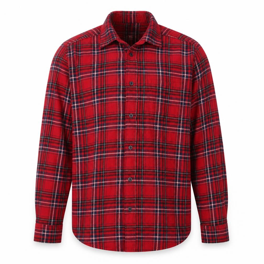 Front view of Cedarwood State men’s red check cotton button-up, size XS, collared button