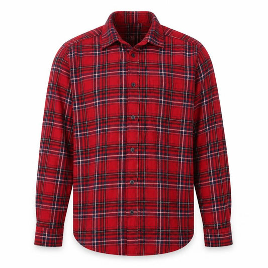 Front view of Cedarwood State men’s red check cotton button-up, size XS, collared button