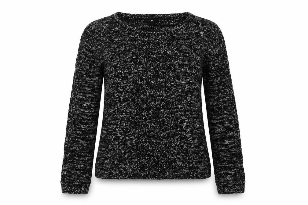 Front view of H&M women’s black round neck acrylic jumper, size M