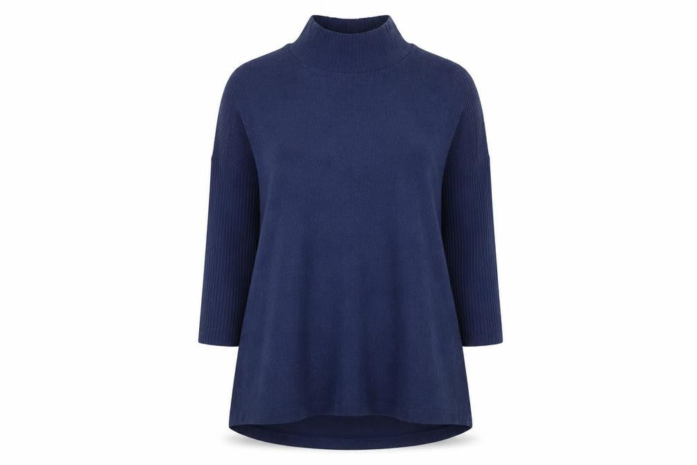 Front view of Marks & Spencer women’s blue high neck polyester jumper, size UK 10