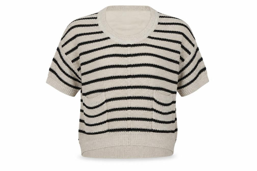 Front view of River Island women’s beige scoop neck striped acrylic jumper, size UK 10