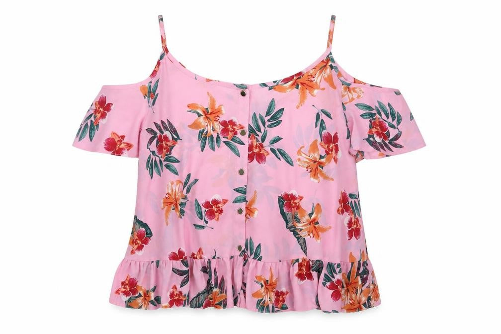 Front view of Atmosphere women’s pink floral polyester basic blouse, size UK 14, scoop neck