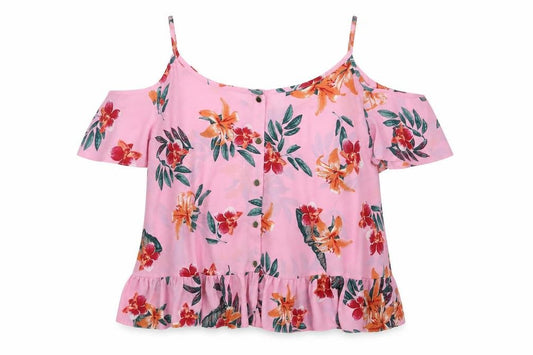 Front view of Atmosphere women’s pink floral polyester basic blouse, size UK 14, scoop neck