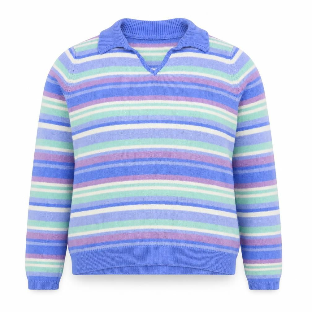 Front view of EWM women’s multicoloured collared striped acrylic jumper, size L