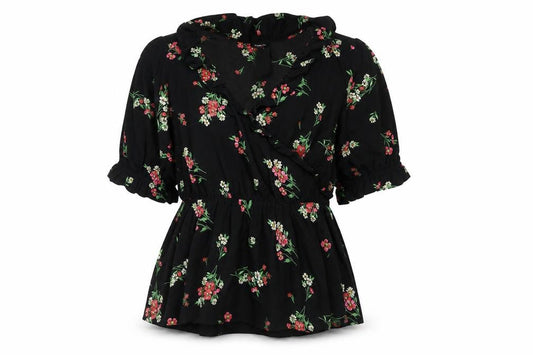 Front view of Simply Be women’s black floral polyester wrap dress, size UK 8, v-neck pullover