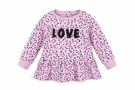 Front view of Dunnes Baby Pink Animal Print Cotton jumper, size 9-12, Months Snap - Love