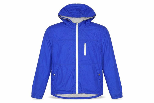 Front view of Dunnes men’s blue windbreaker jacket, size M, zip