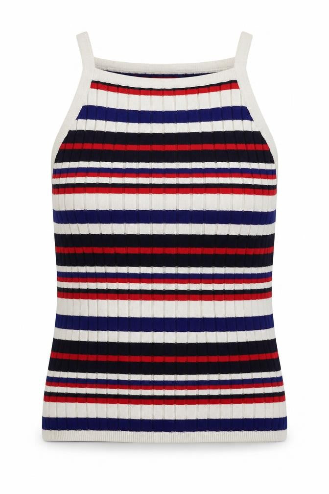 Front view of H&M women’s multicoloured square neck striped acrylic vest jumper, size M