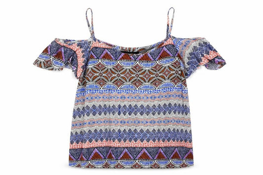Front view of New Look women’s blue geometric viscose basic blouse, size UK 6, v-neck