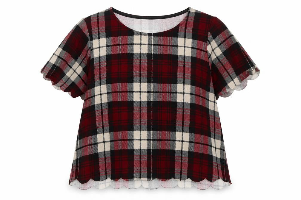 Front view of Cameo Rose women’s red check polyester basic t-shirt, size UK 8, round neck