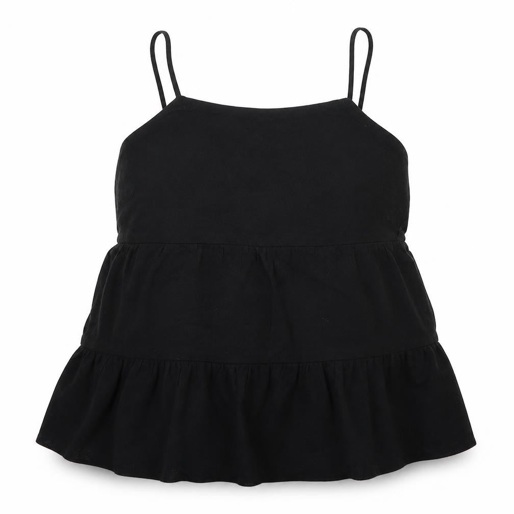 Front view of New Look women’s black viscose basic tank, size UK 6, scoop neck