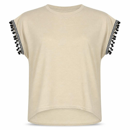 QED London Womens Beige  Polyester Basic T-Shirt Size M Boat Neck - Pom Pom
