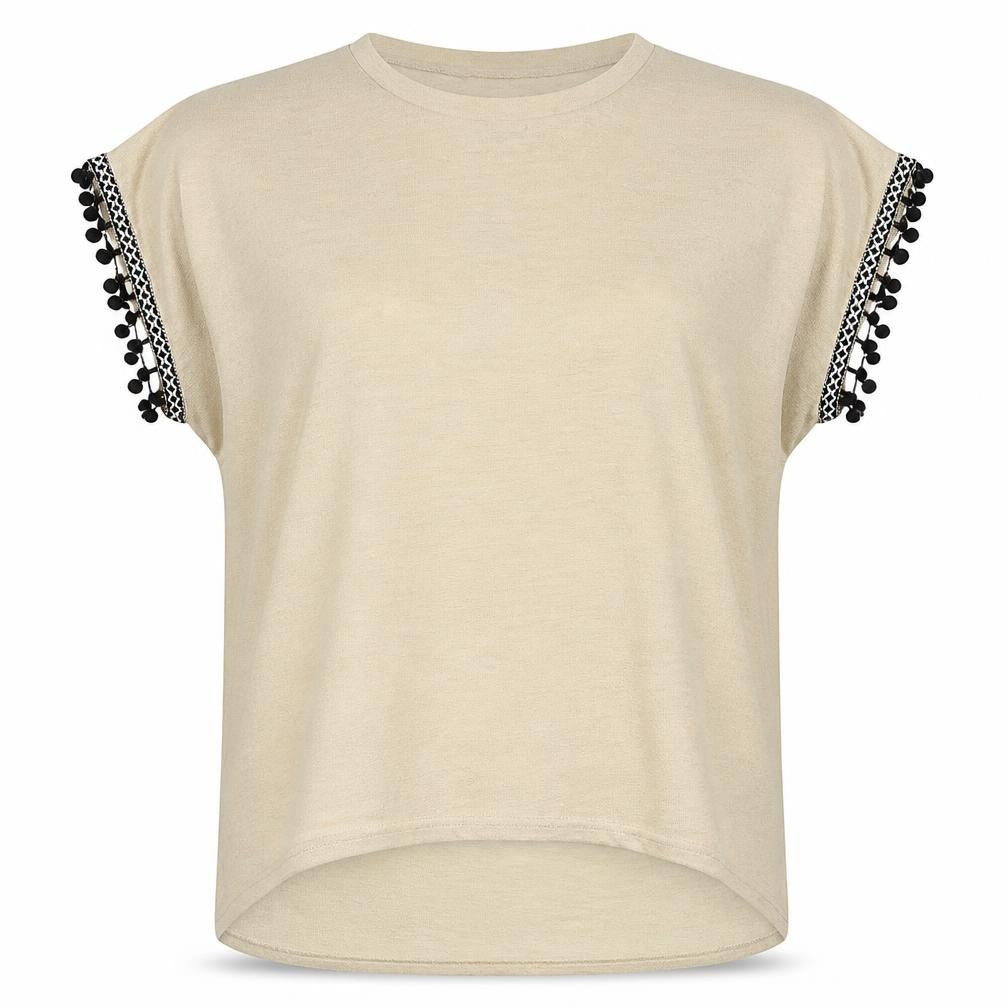 QED London Womens Beige  Polyester Basic T-Shirt Size M Boat Neck - Pom Pom
