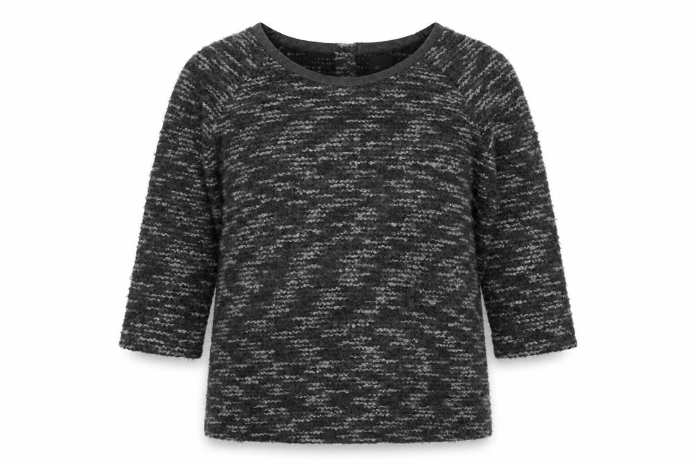 Front view of AMES women’s black round neck acrylic jumper, size UK 10