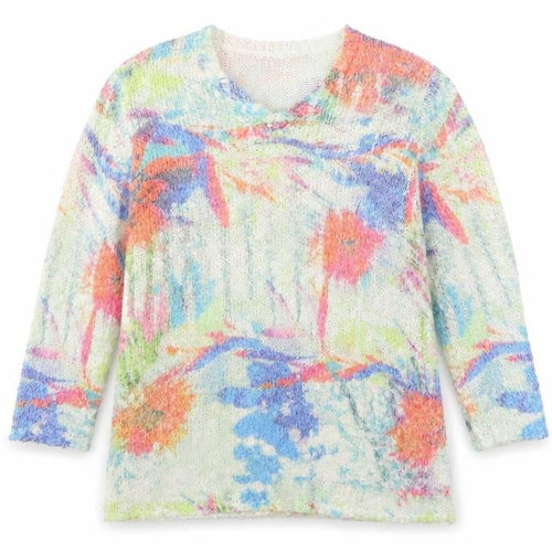 Preworn Womens Ivory V-Neck Floral Acrylic Pullover Jumper Size S