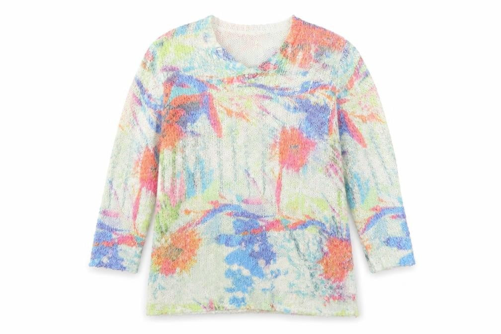 Preworn Womens Ivory V-Neck Floral Acrylic Pullover Jumper Size S