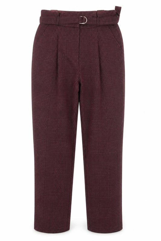 Front view of New Look women’s red plaid polyester trousers, size UK 8, 28-inch leg regular hook & eye