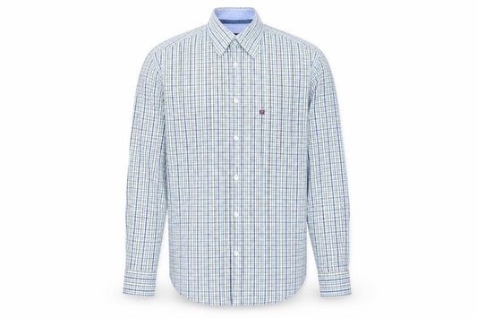 Front view of Tricot Marine men’s multicoloured plaid cotton button-up, size L, collared button