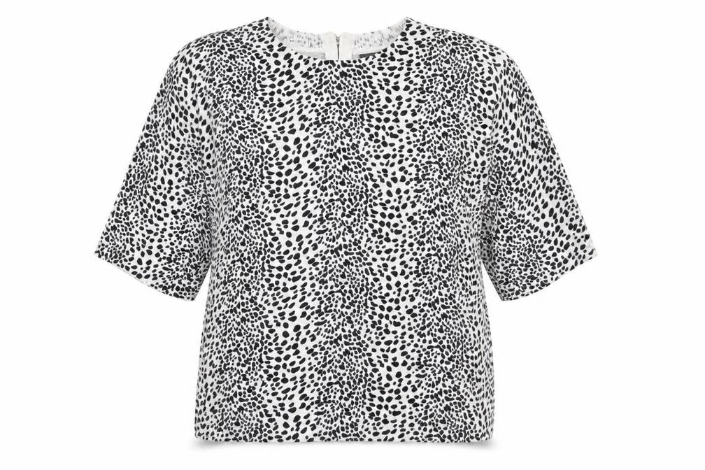 Front view of Oasis women’s black crew neck geometric viscose jumper, size M