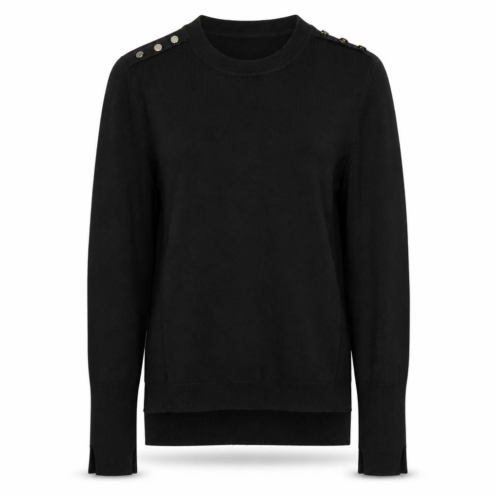 Front view of Primark women’s black round neck acrylic jumper, size UK 4