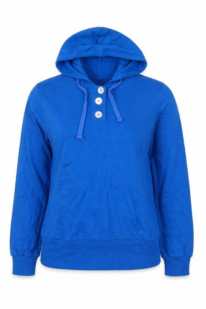 Front view of Dunnes women’s blue cotton pullover hoodie, size S, pullover