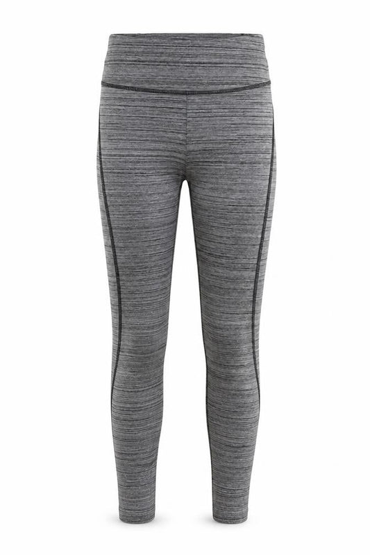 Front view of ClpActive women’s grey striped polyester pedal pusher leggings, size XS, 26-inch leg regular pullover