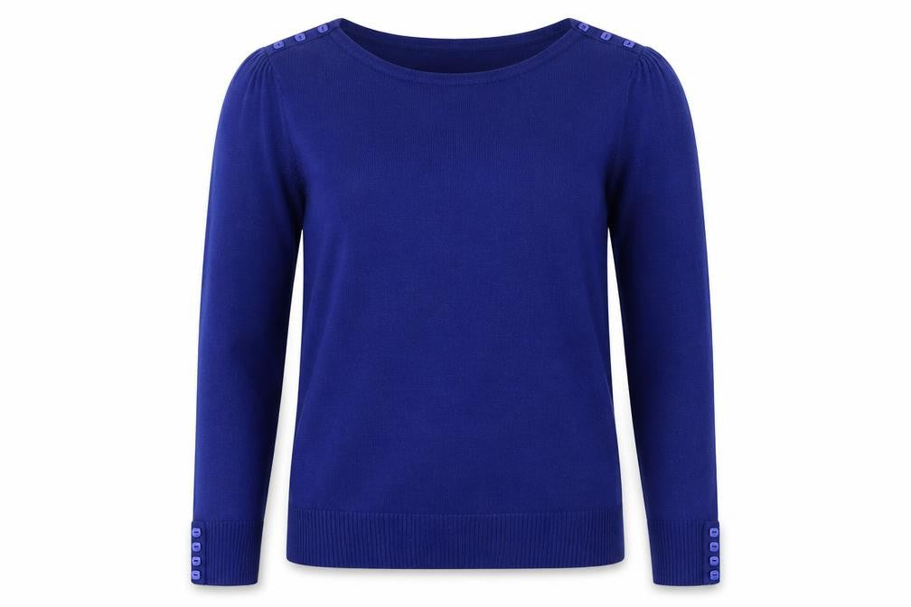 Front view of M&Co women’s blue round neck acrylic jumper, size UK 10