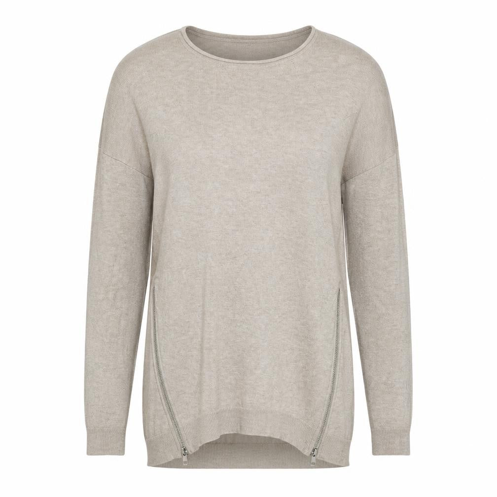 Front view of Atmosphere women’s beige round neck viscose jumper, size UK 6