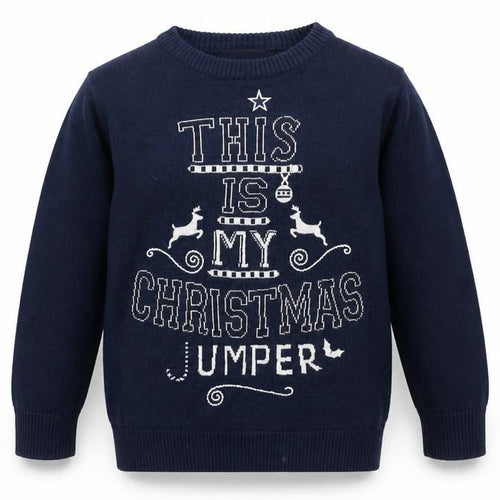 George Boys Blue Round Neck  100% Cotton Pullover Jumper Size 5-6 Years   - Santa Pattern