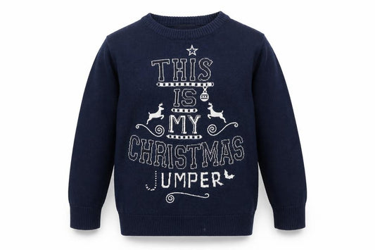 Front view of George boys’ blue round neck 100% cotton jumper, size 5-6, years - santa pattern