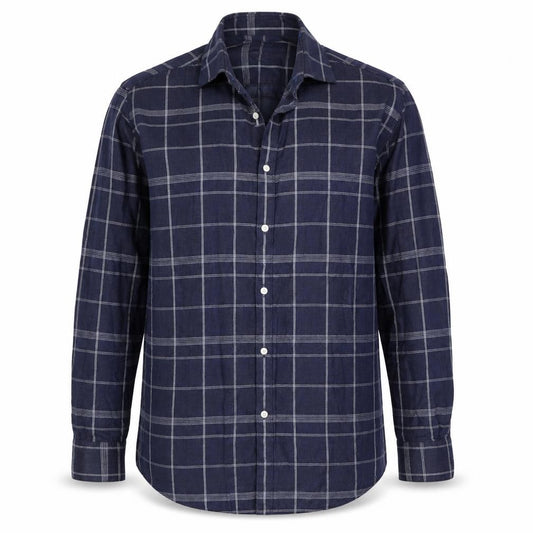 Front view of Vince Camuto men’s blue check polyester button-up, size 16, collared button